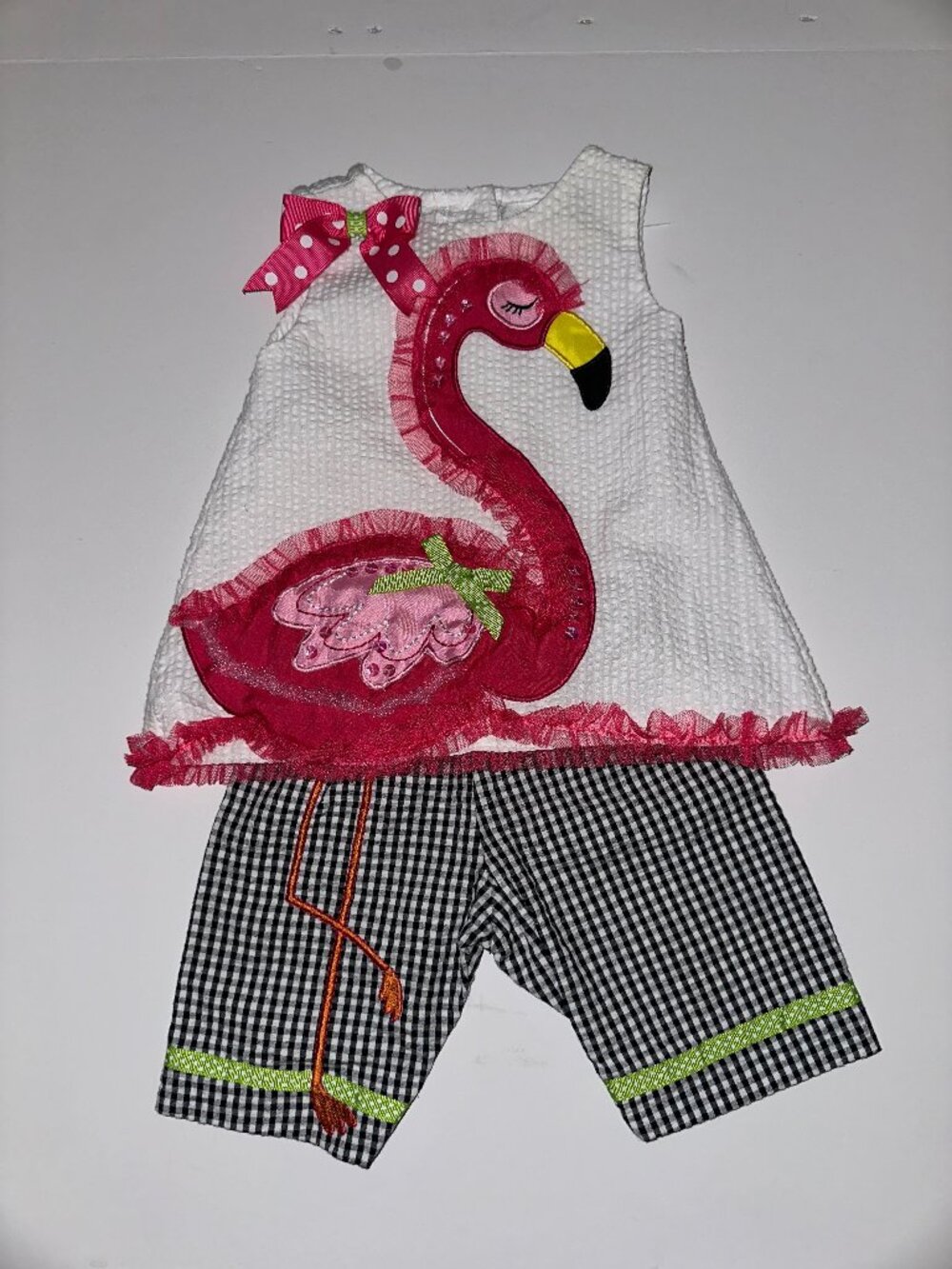 Vintage Rare Editions Girls 3mo Pink White Gingham FLAMINGO Top Pants Outfit Set